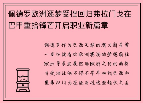 佩德罗欧洲逐梦受挫回归弗拉门戈在巴甲重拾锋芒开启职业新篇章