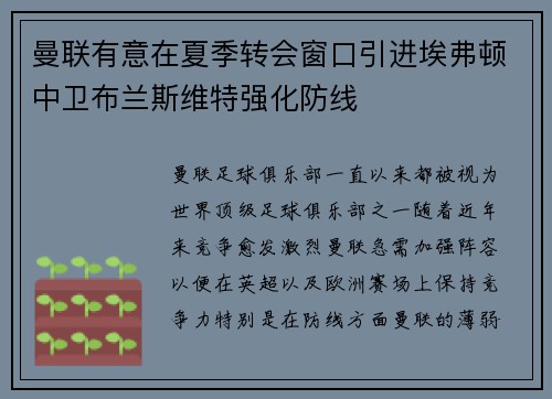 曼联有意在夏季转会窗口引进埃弗顿中卫布兰斯维特强化防线