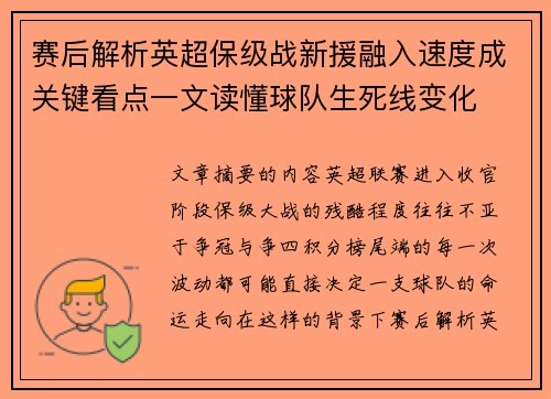赛后解析英超保级战新援融入速度成关键看点一文读懂球队生死线变化 赛后解析英超保级战新援融入速度成关键看点一文读懂球队生死线变化
