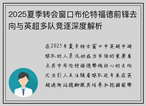 2025夏季转会窗口布伦特福德前锋去向与英超多队竞逐深度解析